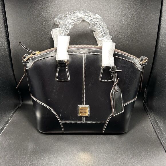 New Dooney Bourke Domed Satchel Bag Womens Black Geniue Leather Linen Blend Line - Picture 1 of 8